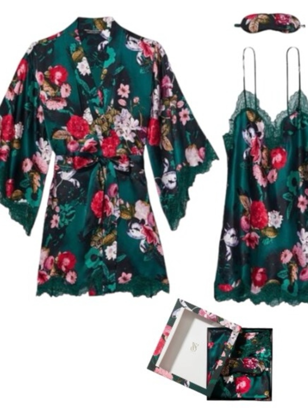Floral Silk Lace Trim Robe & Slip Set - Emerald Green